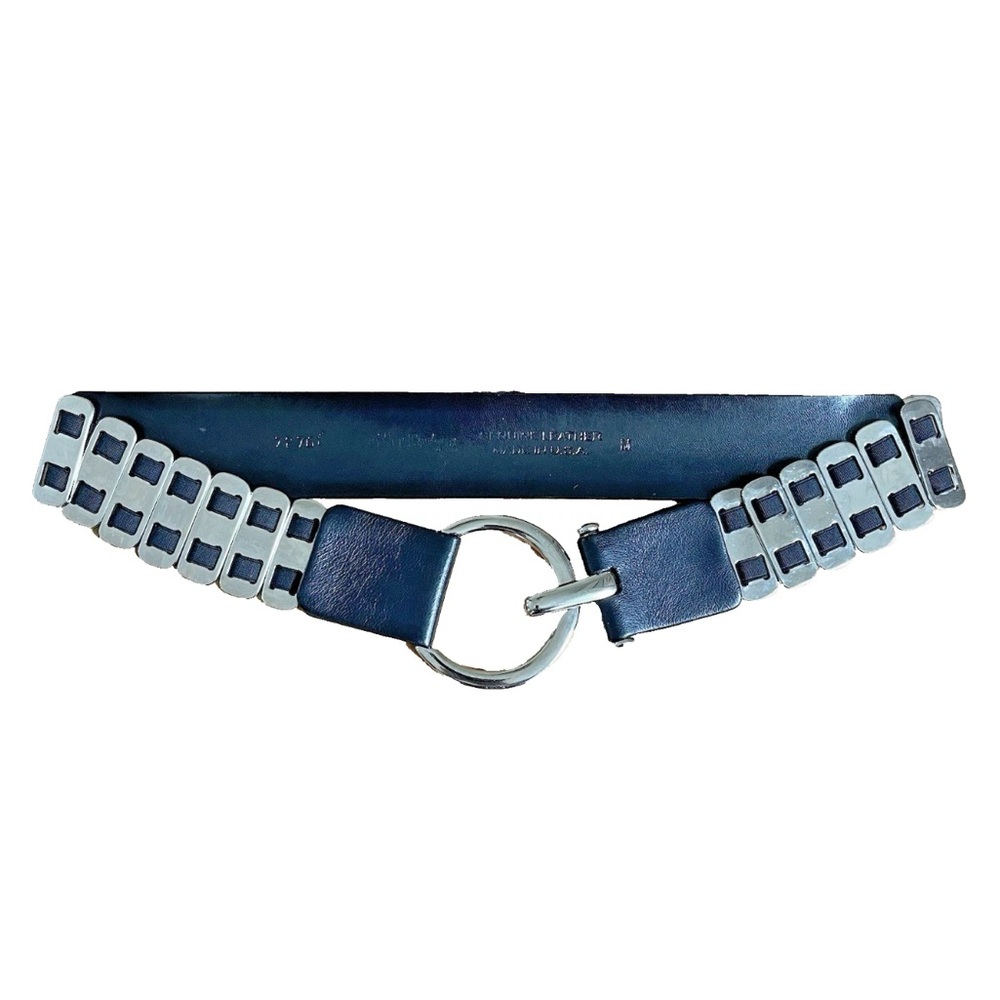 Vintage 80s Sandy Duftler Designs Belt Black Leather Silver Metal Elastic Large